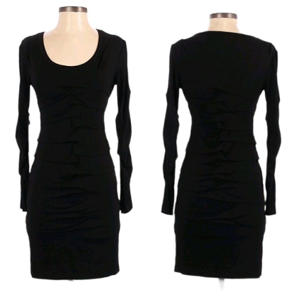 Vtg Witchy Long‎ Statement Sleeve Ruched Knotted Jersey Knit Bodycon Black Sz 6